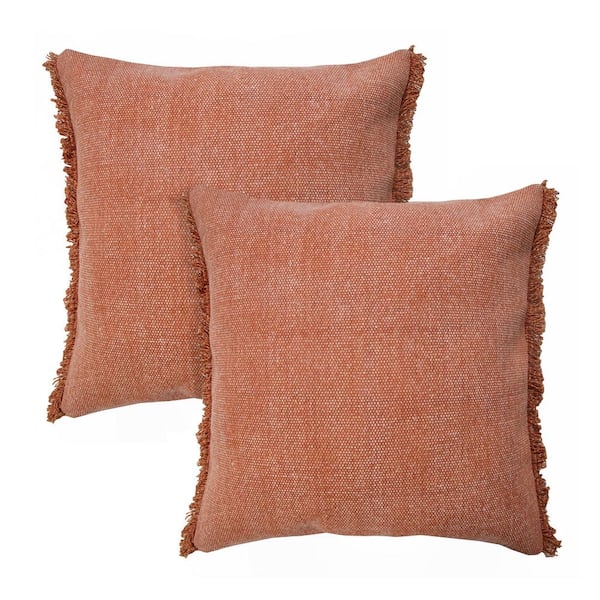 Unbranded Nina Burnt Orange Solid Color Fringed Stonewashed 20 in. x 20 in. Indoor Throw Pillow Set of 2