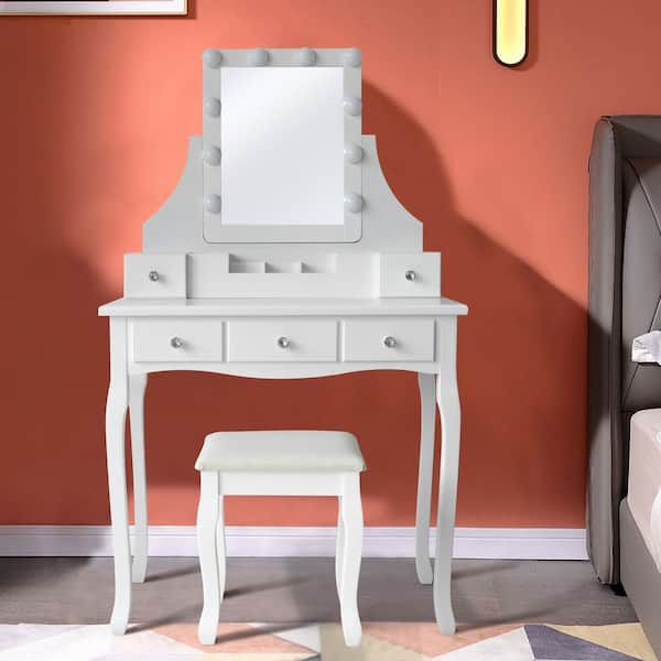 Makeup Vanity Table LED Lighted Mirror Wood Desk Set Jewelry Drawer White  931143