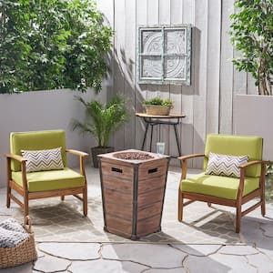 Perla Teak Brown 3-Piece Wood Patio Fire Pit Set with Green Cushions