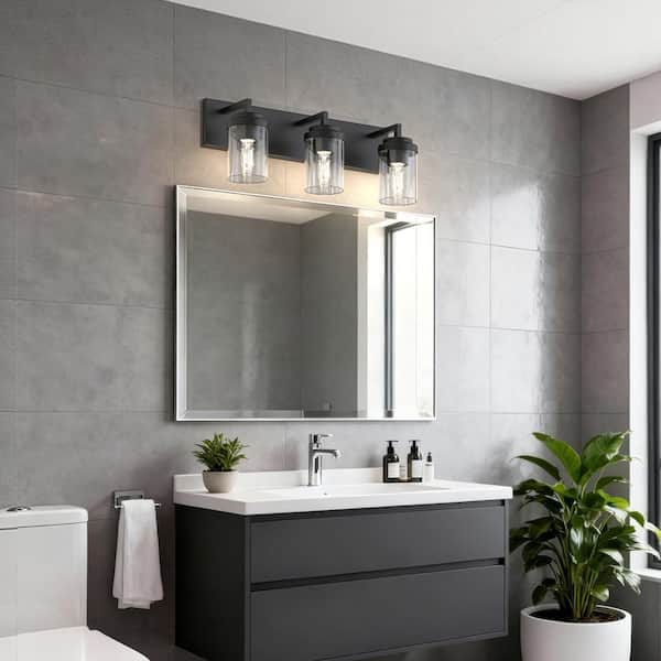 21.65 in 3 Light Matte Black Traditional Vanity Light with Clear Cylinder Glass Shade for Bathroom Vanity Lighting