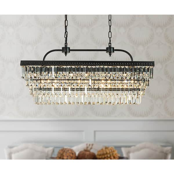 ALOA DECOR 32 in. Transitional Glam 6-Light 4 Tierd Crystal Fringe Chandelier in Matte Black For Dining Room