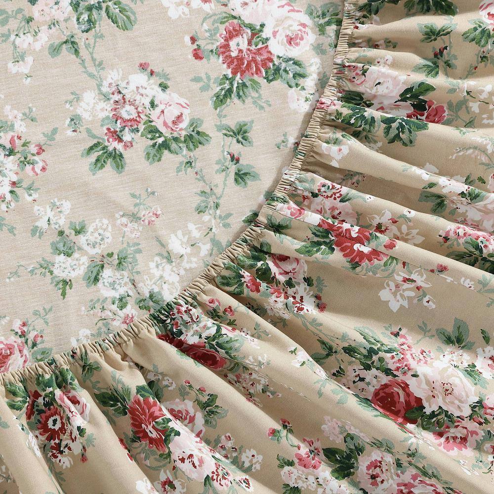 Twin Beige Floral Cotton Percale Sheet Set