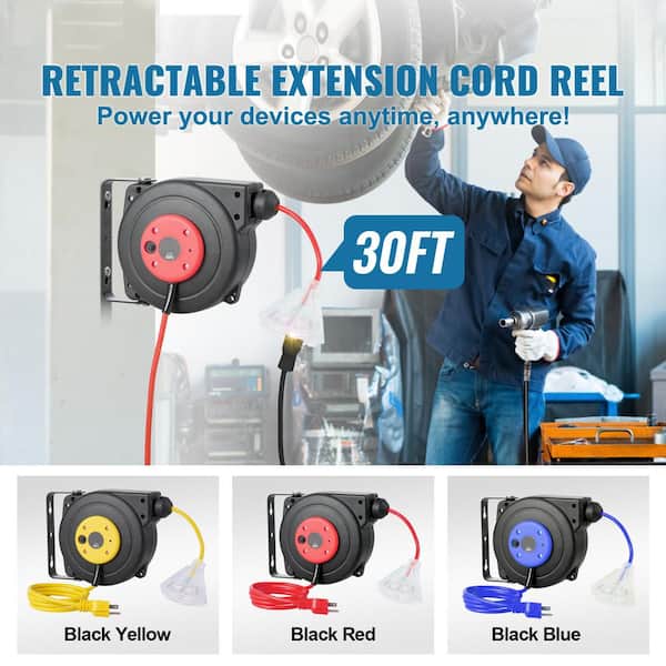 Retractable Extension Reel, 30 ft. 16 / 3,10 Amp Retractable Extension Cord Reel with 1 Grounded Outlets and Tri-Tap end