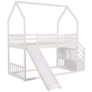 Twin over Twin House Bunk Bed with Convertible Slide&Storage Staircase in White