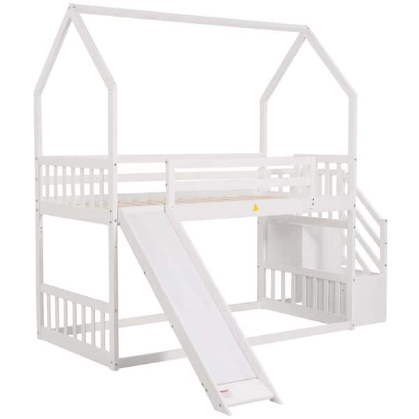 Clihome Twin over Twin House Bunk Bed with Convertible Slide&Storage Staircase in White