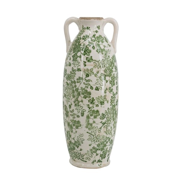 15.6 in. White Ceramic Amphora Decorative Flower Vase with Green