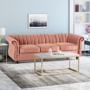 Bowie 84 in. Blush Solid Velvet 3-Seat Chesterfield Sofa with Nailhead