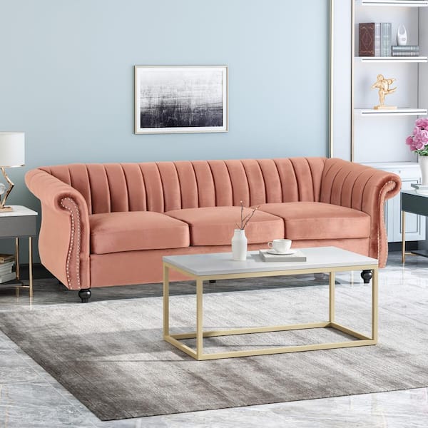 Noble House Bowie 84 in. Blush Solid Velvet 3-Seat Chesterfield Sofa with Nailhead