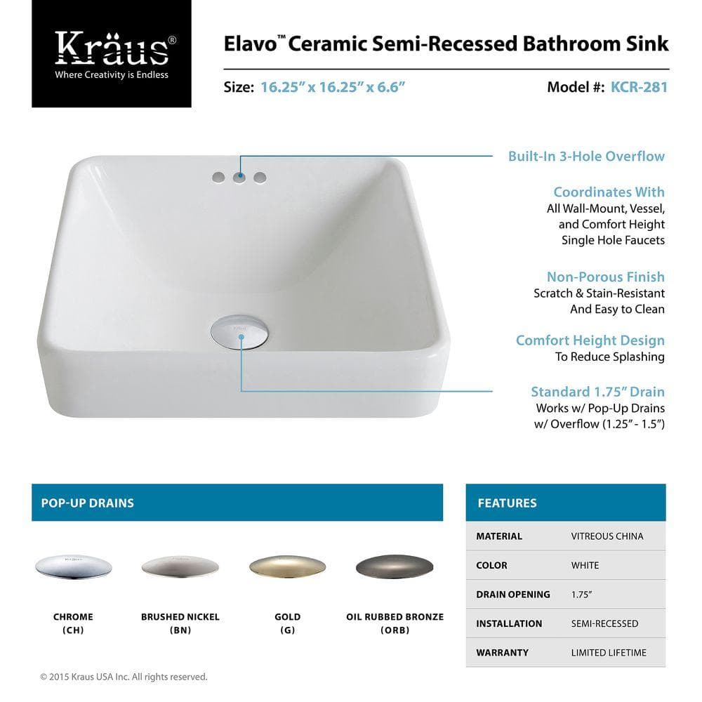 Elavo White Ceramic Square Semi-Recessed Bathroom Sink