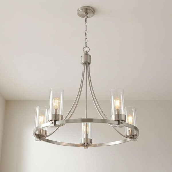 Meridian 26 in. W x 23 in. H 5-Light Brushed Nickel Chandelier with Clear Glass Cylindrical Shades