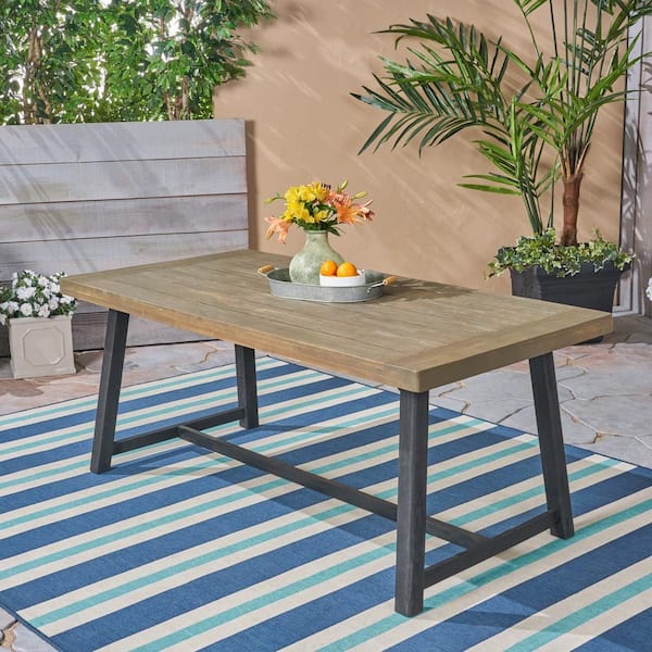 Noble House Raphael Sandblast Grey and Black Rectangular Wood Outdoor Patio Dining Table