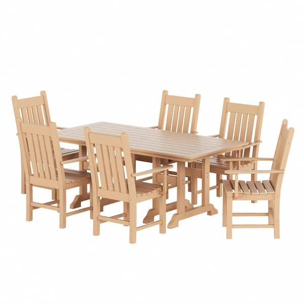 Hayes HDPE Plastic All Weather Outdoor Patio Slat Back Dining Arm Chair in Teak