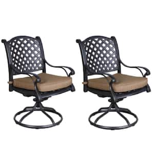 Brown Aluminum Outdoor Dining Swivel Rocker Chair with Cushion (2-Pack)