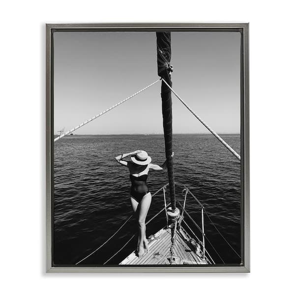 Stupell Industries Woman Posing on Boat by LSR Design Studio Gray Floater Frame People Graphic Art Print 21 in. x 17 in.