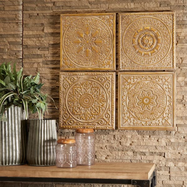 Litton Lane Metal Gold Scroll Wall Decor with Embossed Details (Set of 4)