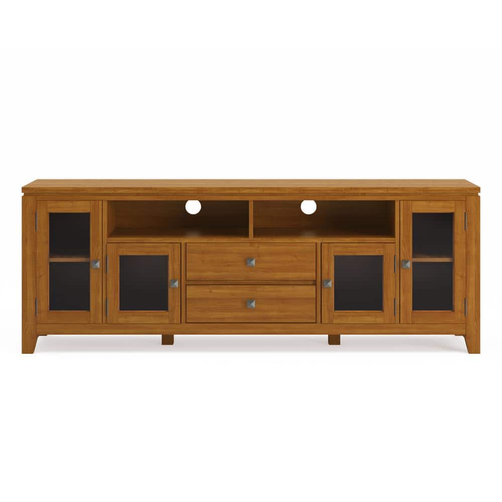 Transitional Solid Pine TV Stand in Light Golden Brown with Storage