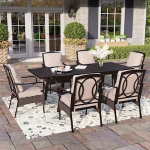 7-Piece Metal Patio Outdoor Dining Set with Black Rectangle Dining Table with Extension and Chairs with Beige Cushions