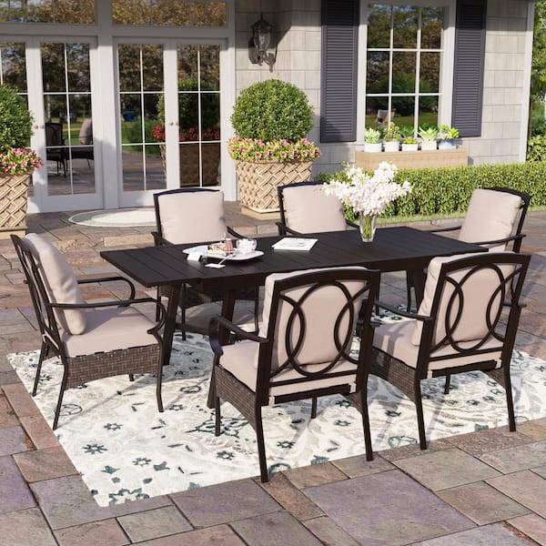 PHI VILLA 7-Piece Metal Patio Outdoor Dining Set with Black Rectangle Dining Table with Extension and Chairs with Beige Cushions