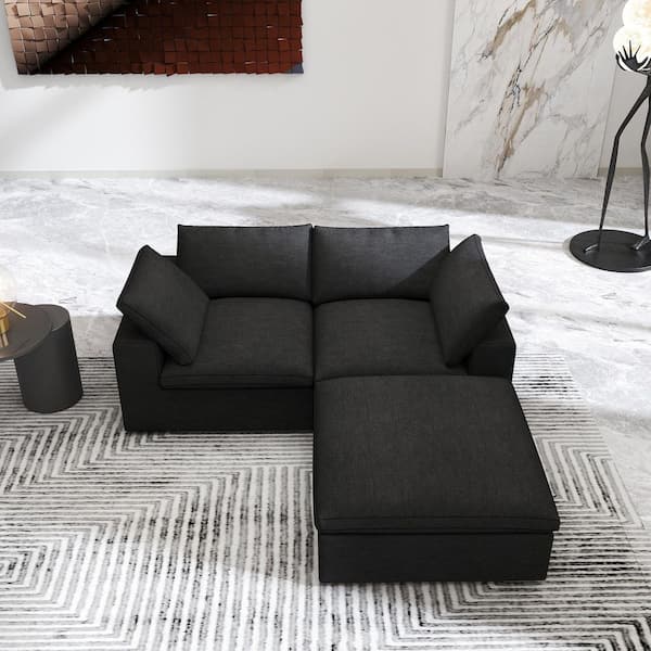 80.3 in. Square Arm 3-Piece L Shaped Linen Modern Sectional Sofa in Black with Storage Ottoman