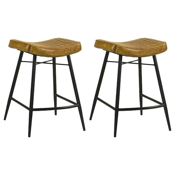 Coaster Bayu Leather Upholstered Saddle Seat Backless Counter Height Stool Antique Camel and Black (Set of 2)