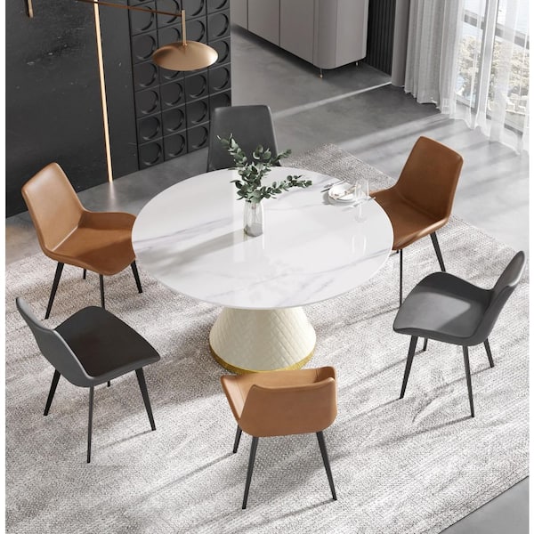 53.15 in. White Sintered Stone Round Top Pedestal White Metal Base Dining Table (Seats 6)