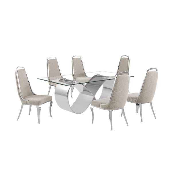 Best Quality Furniture Garrett 7-Piece Clear Tempered Glass Top with Stainless Steel Base Dining Set with 6 Grey Boucle Fabric Chairs