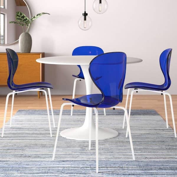 Leisuremod Oyster Modern  Transparent Stackable Dining Chair Stainless Steel White Base in Transparent Blue