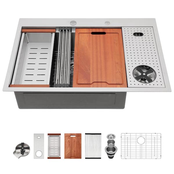 Topmount 33 in. x 22 in. Stainless Steel Single Bowl Drop-In Workstation Kitchen Sink with Cup Rinser