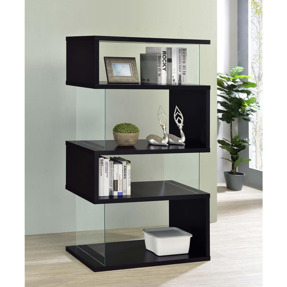 Contemporary Zigzag 63" Black Bookshelf with Glass Supports