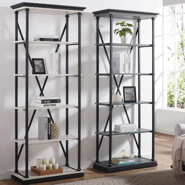 Blue River 33.88 in. W x 84.25 in. H Antique White and Black 5- -Shelf Standard Bookcase