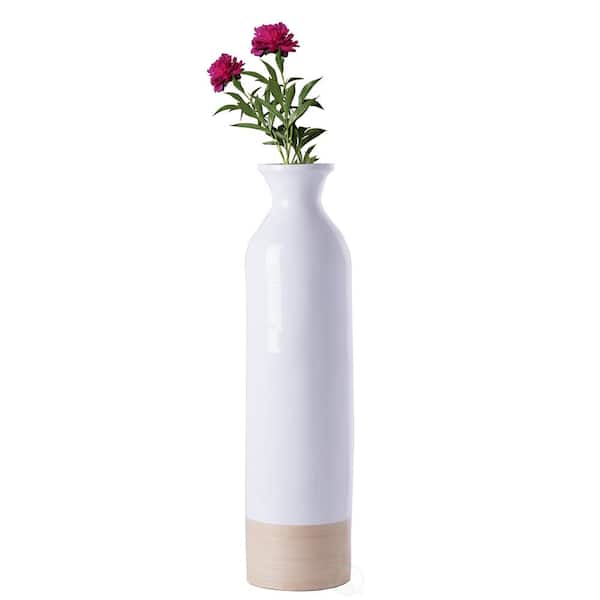 Uniquewise Glossy White Lacquer and Natural Bamboo Small Cylinder Shaped Tall Spun Bamboo Floor Vase