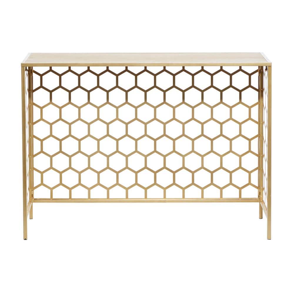 Elegant Gold Metal and Brown Wood Console Table with Honeycomb Pattern, 42"
