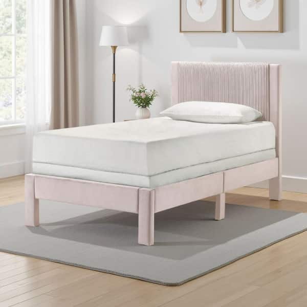 Cery Pink Wood Frame Twin Size Platform Bed with Headboard