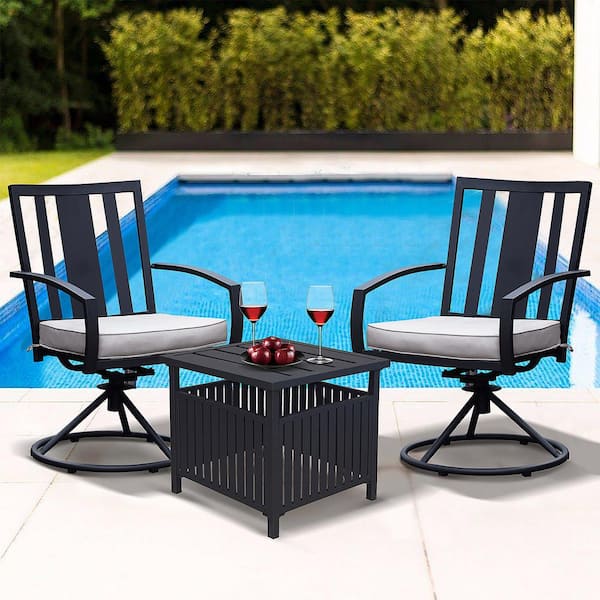 Tenleaf Simple and Modern Design Black 3-Piece Metal Outdoor Bistro Set with Gray Cushion That Can Be Rotated 360°
