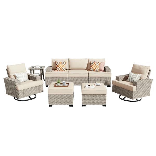 Mettle 8-Piece Wicker Patio Conversation Seating Sofa Set with Beige Cushions and Swivel Rocking Chairs
