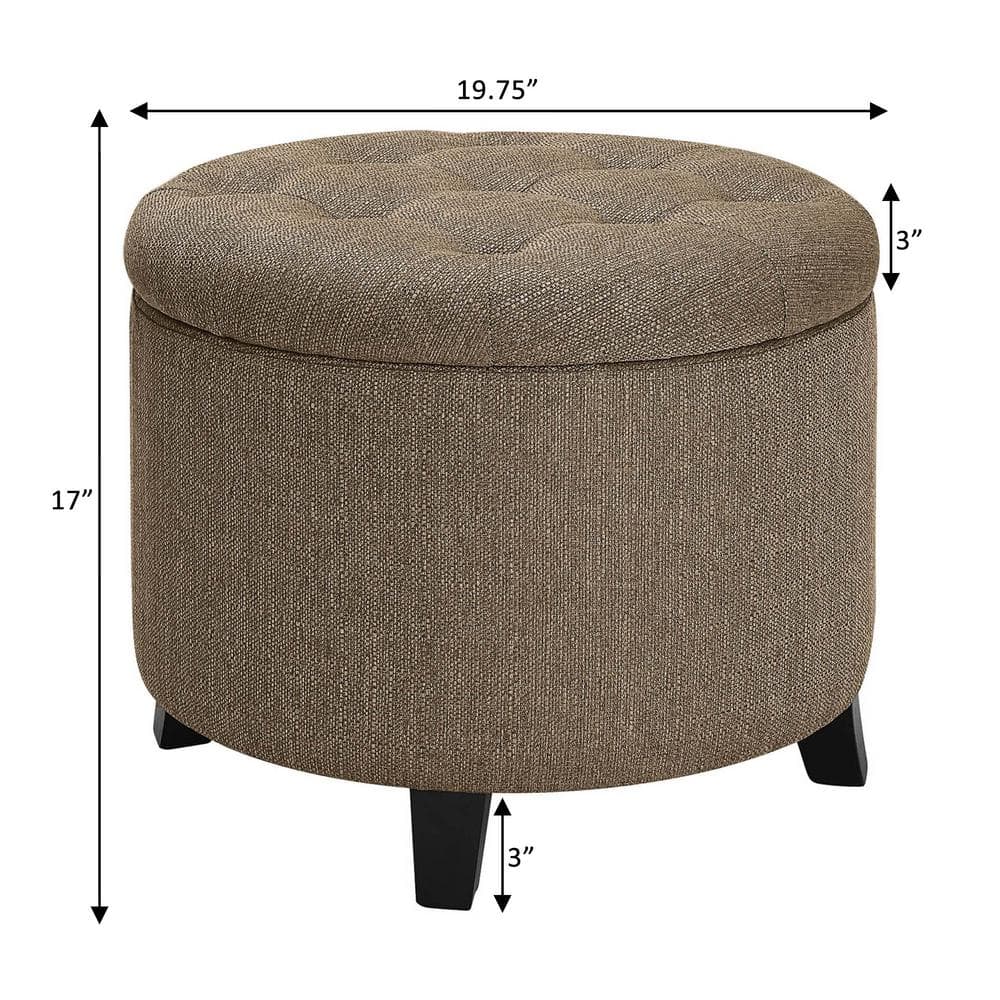 Sandstone Fabric Tufted Round Storage Ottoman with Solid Rubberwood Legs