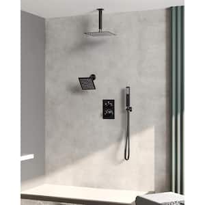 7-Spray Patterns 12 in., 6 in. Rainfall Wall and Ceiling Mount 2.5 GPM Fixed and Handheld Shower Head in Matte Black