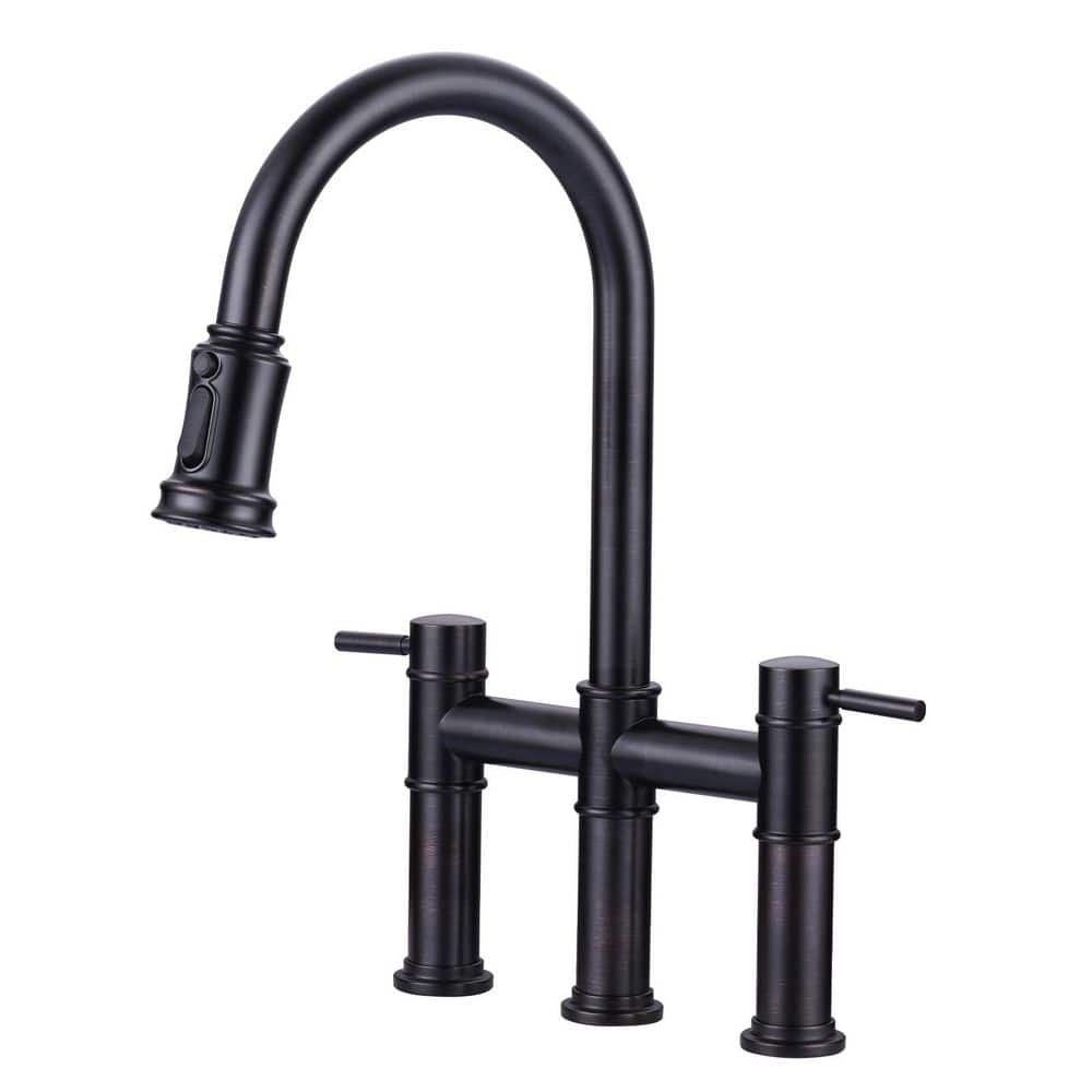 Double Handle Brass Bridge Kitchen Faucet with 3-Mode Pull Down Sprayer in Oil Rubbed Bronze price history on PriceWatchPro