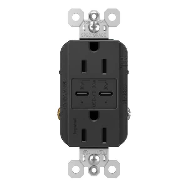 radiant 15 Amp 125-Volt Tamper-Resistant Duplex Outlet with Ultra-Fast 6A PLUS 30W Power Delivery USB C/C, Black