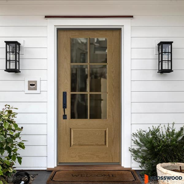 36 in. x 80 in. Clear Glass Window Right-Hand/Inswing Bourbon Stain Realistic Wood-like Fiberglass Prehung Front Door