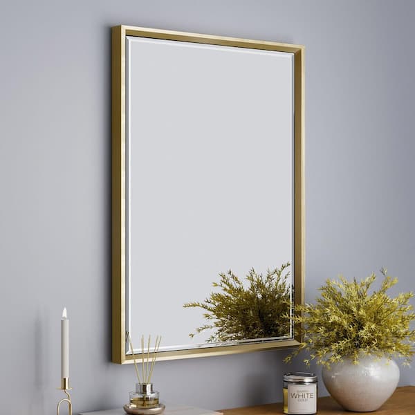 OnaBella 22in. W x 30in. H Rectangular Aluminum Thin Framed Wall Mount Beveled Bathroom Vanity Mirror in Gold
