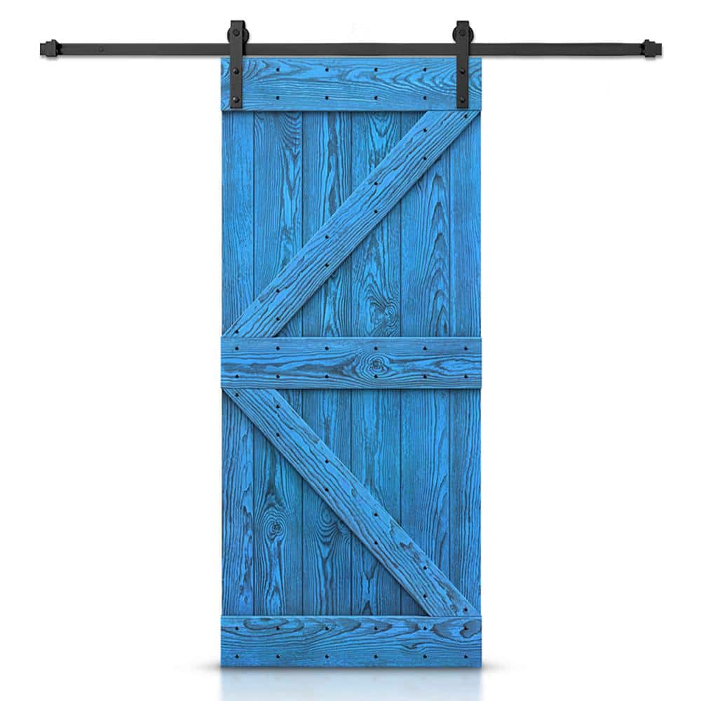 CALHOME 30 in. x 84 in. K-Bar Ready to Hang Wire Brushed Blue Thermally Modified Solid Wood Sliding Barn Door with Hardware Kit