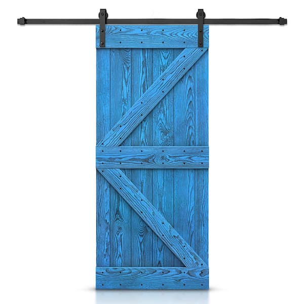 CALHOME 32 in. x 84 in. K Bar Ready to Hang Wire Brushed Blue Thermally Modified Solid Wood Sliding Barn Door with Hardware Kit