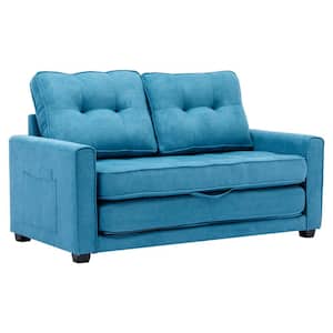 60 in. W Square Arm Chenille Modern Rectangle Pull-out Sofa Bed in Blue with Side Pocket