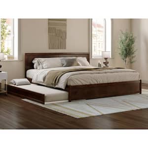 Lylah Walnut Brown Solid Wood Frame King Platform Bed with Panel Footboard and Twin XL Trundle