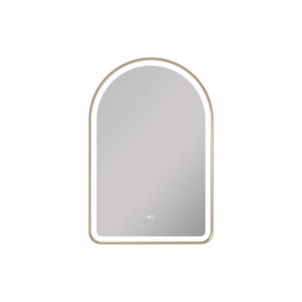 BONIE 28 in. W x 36 in. H Arched Framed LED Anti-Fog Wall Bathroom Vanity Mirror in Brushed Gold