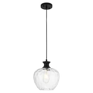 60 -Watt 1-Light Black Pendant Light with Clear Water Wave Glass Shade