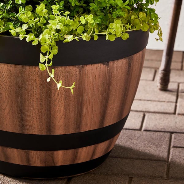 Vigoro Reedley Kentucky Walnut Brown Resin Wine Barrel Planter, 20 in