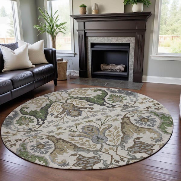 Mayfield Premium Machine Washable Abstract AMF1153 Ivory 8 ft. x 8 ft. Round Rug