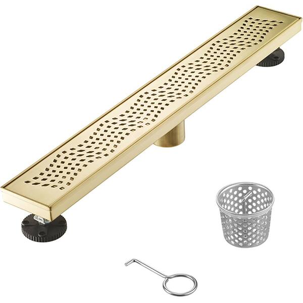 Elegante Drain Collection 32 in. Linear Stainless Steel Shower Drain with Wave Pattern and Zirconium Gold Plating